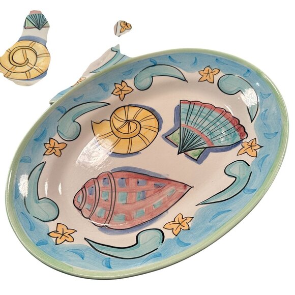 Bella Delray Nautical Seashell Salute Ceramic Platter Bowls Coastal Aqua Trim - Picture 2 of 16